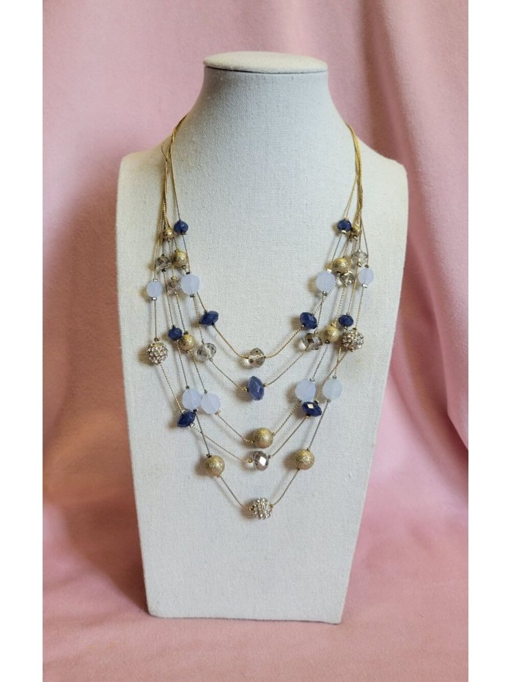 Gold Tone Multi-strand Layered Navy Blue Faceted Bead Macy's Costume Necklace NF